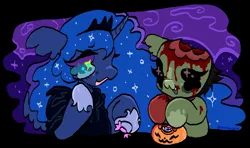 Size: 1208x713 | Tagged: oc name needed, semi-grimdark, artist:larvaecandy, derpibooru import, princess luna, oc, alicorn, earth pony, pony, undead, zombie, zombie pony, g4, 2023, :3, bags under eyes, bald, basket, big eyes, black sclera, blaze (coat marking), blood, blue coat, blue mane, candy, cloak, clothes, coat markings, colored eyelashes, colored hooves, colored mouth, colored sclera, commission, costume, crown, curly mane, curved horn, duo, ear fluff, earth pony oc, ethereal mane, exposed flesh, facial markings, fangs, female, floppy ears, food, green coat, halloween, height difference, holiday, hoof hold, hoof shoes, hooves, horn, image, jewelry, jpeg, leg markings, long mane, looking at each other, looking at someone, mare, missing ear, night, nightmare night, nightmare night costume, old art, open mouth, open smile, orange eyes, princess shoes, purple coat, purple mane, purple mouth, raised hoof, regalia, shiny mane, short mane, signature, simple background, smiling, smiling at each other, sparkles, sparkly eyes, starry mane, teal eyes, teal sclera, tiara, two toned eyes, two toned mane, unicorn horn, unshorn fetlocks, wall of tags, wavy mane, white background, wingding eyes, ych result