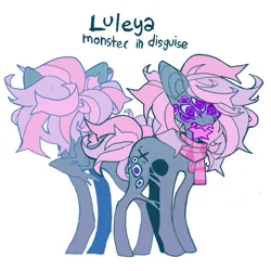 Size: 851x851 | Tagged: safe, artist:cutesykill, derpibooru import, oc, oc:luleya, unofficial characters only, goo, monster pony, pegasus, pony, big ears, blue sclera, clothes, colored eyelashes, colored sclera, colored teeth, eyes do not belong there, gray coat, image, long legs, multiple eyes, no catchlights, pegasus oc, pink mane, pink scarf, pink tail, pink teeth, png, ponytail, purple eyelashes, purple eyes, reference sheet, scarf, shapeshifter, sharp teeth, simple background, slender, solo, spiky mane, spiky tail, standing, striped scarf, tail, teeth, text, thin, three quarter view, tied mane, white background, wings, x eyes