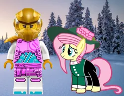 Size: 4442x3456 | Tagged: safe, artist:darlycatmake, derpibooru import, fluttershy, earth pony, pony, g4, duo, duo female, female, happy holidays, hearth's warming eve, image, lego, lego ninjago, miss western fluttershy, ninja, ninjago: dragons rising, png, snow, snowfall, sora (ninjago), tree, western