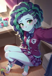 Size: 2496x3648 | Tagged: safe, ai content, derpibooru import, generator:civitai, machine learning generated, prompter:trux23, human, equestria girls, g4, g5, barefoot, clothes, crystal prep academy uniform, day, equestria girls-ified, feet, female, fetish, foot fetish, g5 to equestria girls, g5 to g4, generation leap, happy, image, indoors, jpeg, misty brightdawn, school uniform, solo, solo female