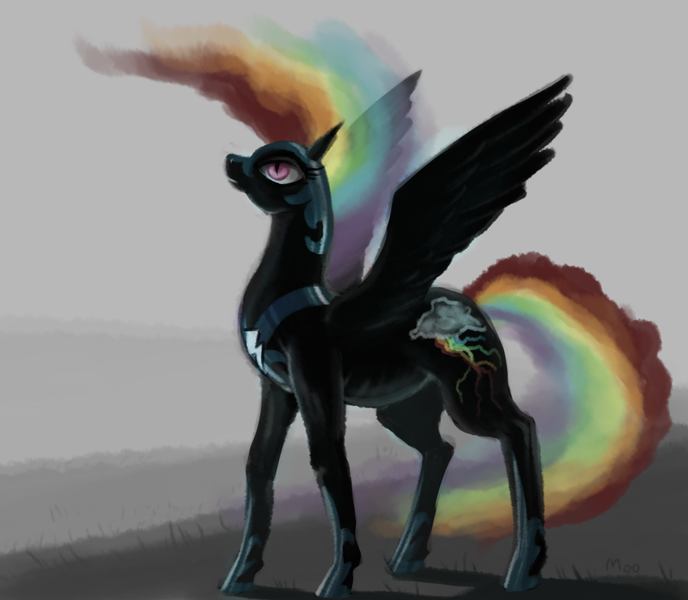 Size: 1032x900 | Tagged: safe, artist:moo, derpibooru import, rainbow dash, pegasus, pony, g4, drawthread, ethereal mane, ethereal tail, female, helmet, hoof shoes, image, long mane, long tail, mare, nightmare rainbow dash, nightmarified, outdoors, peytral, png, princess shoes, raised head, slender, slit pupils, solo, spread wings, standing, tail, tall, thin, wings