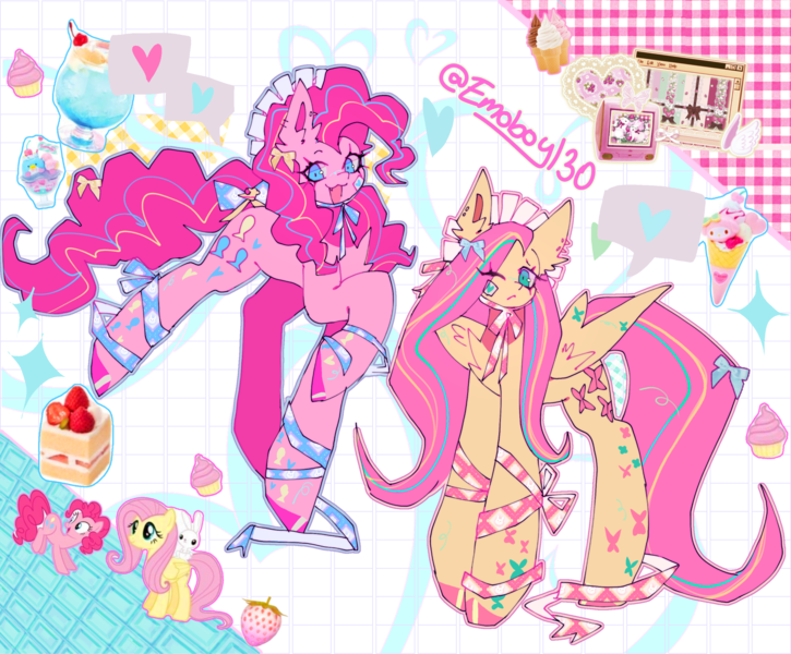 Size: 2048x1695 | Tagged: safe, artist:emoboy130, derpibooru import, angel bunny, fluttershy, pinkie pie, earth pony, pegasus, pony, rabbit, g4, :3, abstract background, alternative cutie mark placement, animal, blue eyes, bonnet, bow, cake, cake slice, cascading cutie mark, collage, colored hooves, colored pinnae, cupcake, curly mane, curly tail, cute, diapinkes, drink, duo focus, ear fluff, ear piercing, earring, eye clipping through hair, eyelashes, fangs, female, folded wings, food, frown, grid background, hat, headwear, helix piercing, hoof polish, hooves, image, jewelry, leg markings, long legs, long mane, long tail, mare, mixed media, my melody, nail polish, one eye closed, open mouth, open smile, piercing, pink coat, pink hooves, pink mane, pink tail, png, raised hoof, ribbon, sanrio, shiny hooves, shyabetes, signature, smiling, speech bubble, spoken heart, standing, strawberry, striped mane, striped tail, tail, tail accessory, tail bow, teal eyes, three toned mane, three toned tail, turned head, wavy mane, wavy tail, wing markings, wings, yellow coat