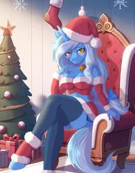 Size: 2500x3200 | Tagged: suggestive, artist:sharkita, derpibooru import, oc, oc:glacandra, unofficial characters only, anthro, unicorn, armchair, bedroom eyes, bell, bell collar, blushing, bow, breasts, chair, christmas, christmas presents, christmas tree, cleavage, clothes, collar, commission, costume, crossed legs, female, freckles, hair bow, hat, holiday, horn, image, lidded eyes, long mane, looking at you, png, present, santa costume, santa hat, sitting, socks, solo, solo female, stockings, thigh highs, tree, unicorn oc, ych result