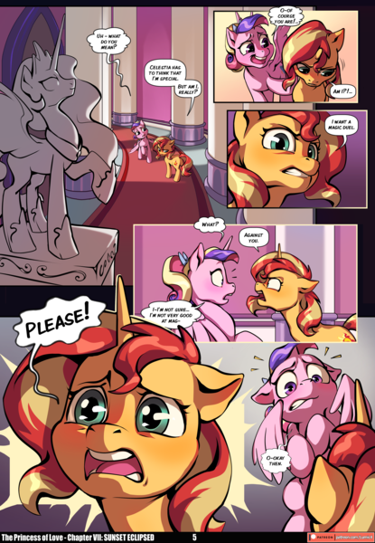 Size: 3541x5121 | Tagged: safe, artist:baban illustration, artist:lummh, derpibooru import, princess cadance, princess celestia, sunset shimmer, alicorn, pony, unicorn, comic:the princess of love, g4, absurd resolution, canterlot castle interior, comic, cute, cutedance, emanata, female, filly, filly sunset shimmer, foal, glow, horn, image, looking at each other, looking at someone, magic, mare, patreon, patreon logo, png, sad, speech bubble, statue, teen princess cadance, telekinesis, younger, younger sunset