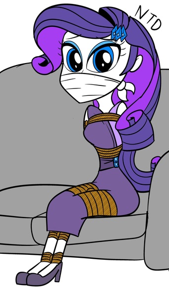 Size: 999x1760 | Tagged: safe, artist:atmu, derpibooru import, rarity, human, equestria girls, g4, bondage, bound and gagged, cloth gag, couch, damsel in distress, gag, help me, image, jpeg, mannequin, over the nose gag, ropes, tied hair, tied to chair