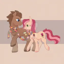 Size: 1280x1280 | Tagged: safe, artist:gems-shadow, derpibooru import, doctor whooves, roseluck, time turner, earth pony, pony, g4, clothes, colored hooves, deviantart watermark, duo, female, fourth doctor's scarf, hooves, image, jpeg, looking at each other, looking at someone, male, obtrusive watermark, scarf, shared clothing, shared scarf, shipping, smiling, straight, striped scarf, watermark