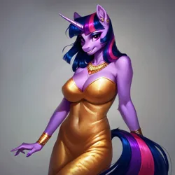 Size: 1024x1024 | Tagged: suggestive, ai content, derpibooru import, machine learning generated, prompter:clopai4u, stable diffusion, twilight sparkle, anthro, unicorn, g4, bare shoulders, big breasts, bracelet, braless, breasts, busty twilight sparkle, clothes, dress, erect nipples, female, gala dress, gray background, horn, image, jewelry, looking at you, necklace, nipple outline, png, simple background, smiling, smiling at you, solo, solo female, strapless dress, unicorn twilight