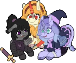 Size: 1408x1168 | Tagged: safe, artist:bloonacorn, derpibooru import, oc, oc:galena, oc:gloria graces, bat pony, kirin, unicorn, armor, bat pony oc, bat wings, clothes, female, hat, headband, horn, image, kirin oc, lance, png, simple background, skirt, sword, transparent background, trio, trio female, unicorn oc, weapon, wings