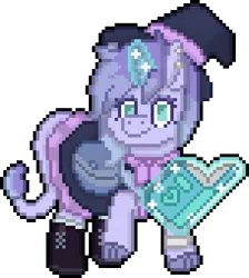 Size: 608x680 | Tagged: safe, artist:bloonacorn, derpibooru import, oc, unicorn, bag, book, digital art, hat, horn, image, pixel art, png, saddle bag, simple background, solo, transparent background, unicorn oc