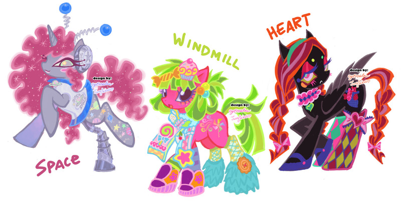 Size: 1280x641 | Tagged: safe, artist:eyerealm, artist:junglicious64, derpibooru import, oc, oc:cosmic boogie, oc:heart, oc:windmill, unofficial characters only, earth pony, pegasus, pony, unicorn, :3, adoptable, amputee, antennae, bangs, beads, beanbrows, black coat, bow, braid, braided pigtails, braided tail, candy, cascading cutie mark, choker, clothes, collaboration, colored eyebrows, colored eyelashes, colored lineart, colored pupils, colored sclera, colored wings, colored wingtips, colorful, cupcake, curly mane, curly tail, decora, dress, earth pony oc, ethereal mane, ethereal tail, eyebrows, eyeshadow, facial markings, fishnet clothing, fishnets, fluffy leg warmers, folded wings, food, freckles, frown, gray coat, green eyes, green mane, green sclera, green tail, green text, hair accessory, hair bow, headband, headpiece, heart choker, hoof boots, hoof shoes, horn, image, jpeg, lace choker, leg warmers, lidded eyes, lipstick, long eyelashes, long mane, long tail, looking back, magenta eyelashes, magenta mane, magenta tail, makeup, mane accessory, mary janes, mismatched socks, no catchlights, open mouth, pegasus oc, pigtails, pink bow, pink coat, pink eyelashes, pink eyes, pink eyeshadow, pink lipstick, pink mane, pink pupils, pink tail, pink text, ponysona, profile, prosthetic leg, prosthetic limb, prosthetics, purple eyelashes, purple eyes, purple pupils, purple wingtips, rainbow freckles, raised hoof, raised hooves, raised leg, red eyeshadow, red mane, red tail, red text, saturated, scarf, shoes, simple background, skirt, sleeveless, sleeveless dress, smiling, socks, standing, standing on one leg, starry eyes, starry mane, starry tail, stockings, striped socks, tail, tail accessory, tail bow, thigh highs, three quarter view, three toned mane, three toned tail, tied mane, tied tail, trio, turned head, two toned mane, two toned tail, two toned wings, unamused, unicorn horn, unicorn oc, wall of tags, watermark, wavy mane, wavy tail, white background, wingding eyes, wings