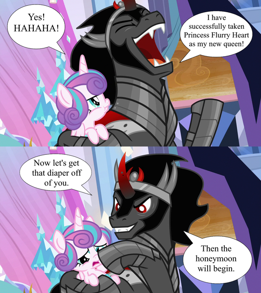 Size: 1280x1440 | Tagged: semi-grimdark, derpibooru import, edit, edited screencap, screencap, king sombra, princess flurry heart, alicorn, unicorn, g4, the beginning of the end, age difference, crystal empire, diaper, duo, duo male and female, evil laugh, female, horn, image, implied babycon, implied foalcon, implied rape, implied sex, implied underage, laughing, male, my little pony, op is fucked up, png, speech bubble