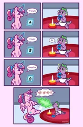 Size: 2550x3900 | Tagged: safe, artist:artisticwerks, derpibooru import, princess cadance, spike, pony, g4, baby, baby spike, comic, fire, fire breath, image, jack-jack attack, jpeg, magic, reference, teen princess cadance, the incredibles, younger