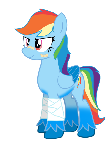 Size: 768x1024 | Tagged: safe, artist:bluemario11, derpibooru import, part of a set, rainbow dash, pegasus, pony, bandage, bandaged leg, female, g4, image, png, redesign, simple background, solo, transparent background