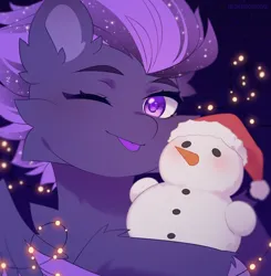 Size: 1838x1879 | Tagged: safe, artist:floweryoutoday, derpibooru import, oc, oc:shadow galaxy, pegasus, pony, :p, commission, cute, ear fluff, ethereal mane, female, fluffy, image, looking at you, mare, one eye closed, png, smiling, snow, snowman, solo, starry mane, stars, tongue out, wink, ych result