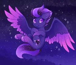 Size: 1461x1260 | Tagged: safe, artist:maravor, derpibooru import, oc, oc:shadow galaxy, pegasus, pony, cloud, commission, cute, ear fluff, ethereal mane, female, fluffy, flying, image, mare, night, png, smiling, solo, spread wings, starry eyes, starry mane, starry night, starry tail, stars, tail, wingding eyes, wings, ych result