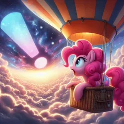 Size: 1024x1024 | Tagged: safe, ai content, derpibooru import, machine learning generated, pinkie pie, earth pony, pony, exclamation point, female, g4, hot air balloon, image, jpeg, open mouth, prompter:pinkiepiepics, signal, sky, solo, wrong cutie mark