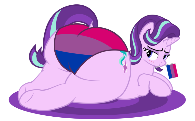 Size: 6462x4025 | Tagged: suggestive, alternate version, artist:duskyzombie, derpibooru import, starlight glimmer, pony, unicorn, absurd resolution, bedroom eyes, bisexual pride flag, bisexuality, blushing, butt, clothes, dock, female, g4, glimmer glutes, huge butt, image, large butt, lidded eyes, looking back, lying down, mare, panties, plot, png, presenting, pride, pride flag, simple background, smug, solo, tail, the ass was fat, tongue out, transparent background, underwear