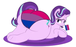 Size: 6462x4025 | Tagged: suggestive, alternate version, artist:duskyzombie, derpibooru import, starlight glimmer, pony, unicorn, absurd resolution, bedroom eyes, bisexual pride flag, bisexuality, blushing, butt, clothes, dock, female, g4, glimmer glutes, huge butt, image, large butt, lidded eyes, looking back, lying down, mare, panties, plot, png, presenting, pride, pride flag, simple background, smug, solo, tail, the ass was fat, tongue out, transparent background, underwear