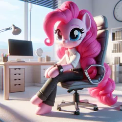 Size: 1024x1024 | Tagged: safe, ai content, derpibooru import, machine learning generated, pinkie pie, earth pony, pony, chair, clothes, computer, desk lamp, female, g4, image, jpeg, office, office chair, prompter:pinkiepiepics, solo