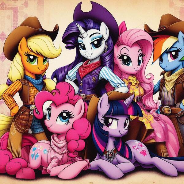 Size: 1024x1024 | Tagged: safe, ai content, derpibooru import, machine learning generated, applejack, fluttershy, pinkie pie, rainbow dash, rarity, twilight sparkle, earth pony, pegasus, pony, semi-anthro, unicorn, bandana, belt, clothes, cowboy hat, dress, generator:bing image creator, generator:dall-e 3, hat, holster, image, jewelry, jpeg, looking at you, mane six, necklace, smiling, smiling at you, tassels, vintage, western, wrong coat color, wrong cutie mark