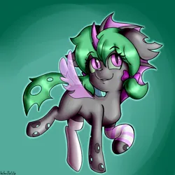 Size: 920x920 | Tagged: safe, artist:anibaruthecat, oc, unnamed oc, changeling, pony, abstract background, changeling oc, clothes, commission, cute, disguise, female, filly, floppy ears, image, ocbetes, pigtails, png, raised leg, smiling, socks, solo, striped socks, tail