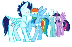 Size: 750x499 | Tagged: safe, artist:chantecler13, derpibooru import, fleetfoot, rainbow dash, soarin', twilight sparkle, twilight sparkle (alicorn), alicorn, pegasus, pony, female, image, jpeg, kiss on the lips, kissing, male, mare, shipping, soarindash, stallion, straight