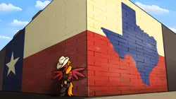 Size: 1831x1028 | Tagged: safe, artist:moonatik, derpibooru import, oc, oc:moonatik, unofficial characters only, pegasus, pony, better call saul, bipedal, brick wall, building, clothes, cloud, cowboy hat, engineer, flag, hat, image, knee pads, male, overalls, pegasus oc, png, sky, solo, spread wings, stallion, team fortress 2, texas, wings