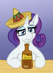 Size: 411x564 | Tagged: safe, artist:jargon scott, derpibooru import, rarity, pony, unicorn, alcohol, bottle, bust, drink, female, food, gradient background, hat, image, mare, png, solo, sombrero, teary eyes, tequila