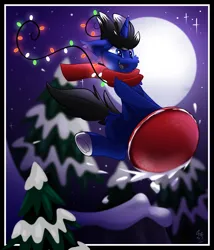 Size: 1800x2100 | Tagged: safe, artist:starcasteclipse, derpibooru import, oc, oc:night reader, unofficial characters only, bat pony, hybrid, unicorn, bat pony oc, bat wings, christmas, christmas lights, clothes, commission, holiday, image, night, png, scarf, sled, wings, ych result