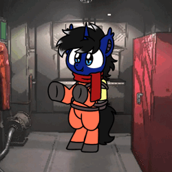 Size: 600x600 | Tagged: safe, artist:sugar morning, derpibooru import, oc, oc:night reader, unofficial characters only, bat pony, hybrid, unicorn, animated, bat pony oc, bat wings, bipedal, clothes, commission, dancing, gif, hazmat suit, image, lethal company, scarf, solo, wings, ych result