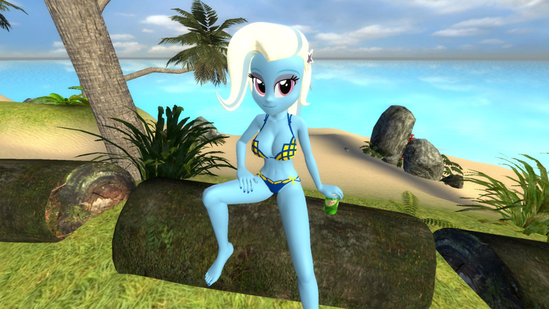 Size: 1920x1080 | Tagged: suggestive, artist:oatmeal!, derpibooru import, trixie, human, equestria girls, 3d, beach, big breasts, bikini, breasts, cleavage, clothes, drink, gmod, hand on leg, hand on thigh, huge breasts, image, log, looking at you, mountain dew, ocean, palm tree, png, sexy, sitting, soda, solo, spread legs, spreading, swimsuit, tree, tropical, water