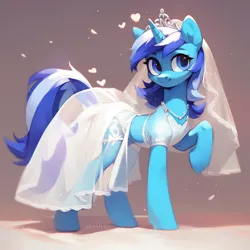 Size: 1024x1024 | Tagged: safe, ai content, derpibooru import, machine learning generated, prompter:airus, stable diffusion, minuette, unicorn, artificial intelligence, clothes, dress, female, generator:pony diffusion v6 xl, happy, image, png, solo, solo female, wedding dress