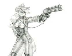 Size: 1500x1169 | Tagged: safe, artist:baron engel, derpibooru import, applejack, anthro, earth pony, applejack's hat, boots, clothes, coat, corset, cowboy hat, duster, female, fingerless gloves, g4, gloves, gun, handgun, hat, image, jpeg, leather pants, long coat, monochrome, pants, pencil drawing, pistol, shoes, simple background, solo, thigh boots, traditional art, weapon