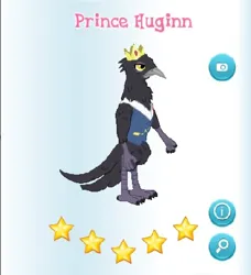Size: 392x430 | Tagged: safe, derpibooru import, idw, screencap, anthro, bird, crow, raven (bird), black tail, clothes, crown, feather, g4, gameloft, idw showified, image, jewelry, male, mobile game, my little pony: magic princess, png, prince huginn, regalia, simple background, solo, stars, tail, text, vest, white background