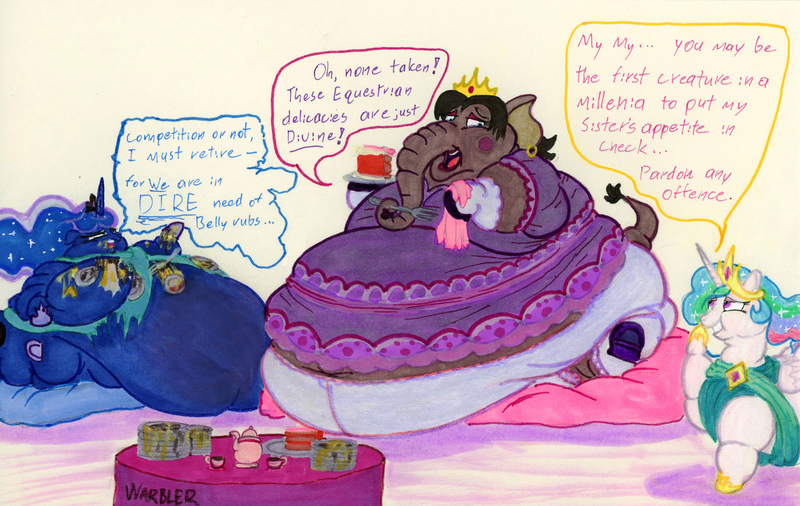 Size: 3366x2129 | Tagged: questionable, artist:white-eyed vireo, derpibooru import, princess celestia, princess luna, oc, elephant, pony, belly, big belly, bingo wings, butt, cake, chubby cheeks, dialogue, double chin, drawing, fat, fat fetish, fetish, flabby chest, food, huge belly, huge butt, image, immobile, impossibly large belly, impossibly obese, jpeg, large butt, morbidly obese, multichin, neck roll, obese, rolls of fat, traditional art