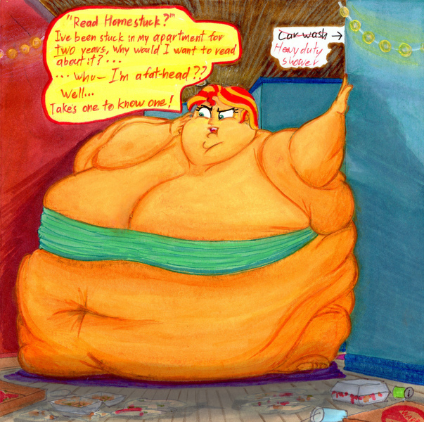 Size: 3553x3534 | Tagged: questionable, artist:white-eyed vireo, derpibooru import, sunset shimmer, human, equestria girls, belly, big belly, bingo wings, chubby cheeks, double chin, drawing, fat, fat fetish, fetish, flabby chest, g4, homestuck, huge belly, image, immobile, impossibly large belly, impossibly obese, jpeg, mobile phone, morbidly obese, multichin, neck roll, obese, phone, rolls of fat, slobset shimmer, sunset's apartment, traditional art