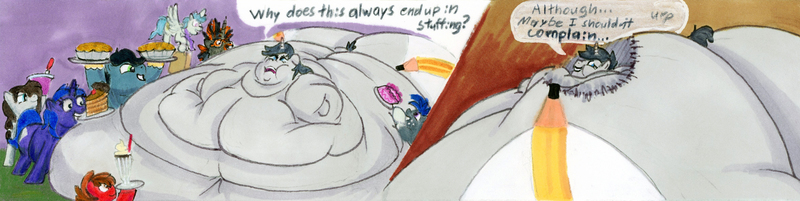 Size: 4727x1189 | Tagged: questionable, artist:white-eyed vireo, derpibooru import, oc, oc:greyline, pegasus, pony, unicorn, belly, big belly, bingo wings, butt, chubby cheeks, double chin, drawing, fat, fat fetish, fetish, flabby chest, huge belly, huge butt, image, immobile, impossibly large belly, impossibly obese, jpeg, large butt, morbidly obese, multichin, neck roll, obese, rolls of fat, traditional art