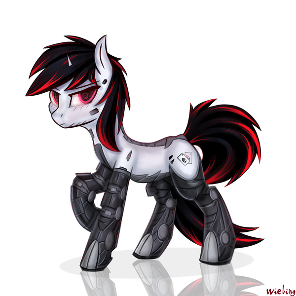 Size: 2048x2048 | Tagged: safe, artist:weiling, edit, oc, oc:blackjack, unofficial characters only, cyborg, pony, unicorn, fallout equestria, fallout equestria: project horizons, amputee, cybernetic eyes, cybernetic legs, fanfic art, horn, image, lidded eyes, looking at you, png, prosthetics, quadruple amputee, reflection, simple background, small horn, solo, white background