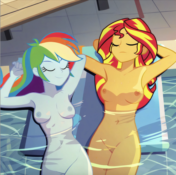 Size: 1390x1388 | Tagged: questionable, ai content, machine learning generated, stable diffusion, rainbow dash, sunset shimmer, human, equestria girls, arm behind head, backyard, beach babes, beckoning, bench, busty rainbow dash, busty sunset shimmer, exhibitionism, eyes closed, horny, image, in love, lawn chair, lesbian couple, lying down, nudity, png, poolside, seductive pose, sexy, show accurate porn, skinny dipping, sunbathing, swimming pool, wet bodies