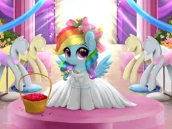 Size: 2400x1800 | Tagged: safe, artist:darksly, derpibooru import, rainbow dash, pegasus, pony, basket, bow, clothes, commission, cute, dashabetes, dress, evening gloves, female, filly, filly rainbow dash, floral head wreath, flower, flower girl, flower girl dress, flower in hair, foal, gloves, image, jewelry, jpeg, long gloves, necklace, ponyquin, solo, younger