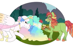 Size: 4836x3114 | Tagged: safe, artist:frostcorpsclub, derpibooru import, princess celestia, tree hugger, alicorn, earth pony, pony, alternate universe, bedroom eyes, bowing, chest fluff, colored wings, crown, design, flower, forest, glow, glowing horn, gradient wings, healing, hoof fluff, horn, image, jewelry, multicolored hair, nature, object, older celestia, open mouth, png, redesign, regalia, rose, tree, wings