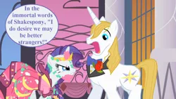 Size: 1280x720 | Tagged: safe, derpibooru import, edit, edited screencap, editor:korora, screencap, prince blueblood, rarity, unicorn, the best night ever, angry, as you like it, canterlot castle, clothes, covered in cake, dialogue, dress, g4, gala dress, grand galloping gala, image, messy, png, rarity is not amused, speech, speech bubble, talking, unamused, william shakespeare