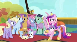 Size: 720x397 | Tagged: safe, derpibooru import, screencap, coconut palm, cranberry pit, cream puff, ginger tea, grape stem, opulence, power chord, princess cadance, princess flurry heart, stratus wind, sun cloche, alicorn, earth pony, pony, once upon a zeppelin, season 7, baby, baby pony, creambetes, cute, cutedance, father and child, father and daughter, female, filly, flurrybetes, foal, g4, gingerbetes, grapebetes, group, image, jpeg, las pegasus resident, male, mare, mother and child, mother and daughter, ring around, stallion, zeppelin children
