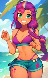 Size: 2560x4096 | Tagged: suggestive, ai content, derpibooru import, editor:sammykun, machine learning generated, stable diffusion, sunny starscout, human, g5, my little pony: a new generation, beach, bikini, braid, braided ponytail, breasts, busty sunny starscout, cleavage, clothes, cloud, cute, denim, denim shorts, female, generator:pony diffusion v6 xl, generator:purplesmart.ai, high res, humanized, image, jpeg, long hair, looking at you, midriff, ocean, outdoors, palm tree, ponytail, prompter:sammykun, sexy, shorts, sky, smiling, solo, sunnybetes, swimsuit, teeth, tree, water, wave, wide hips