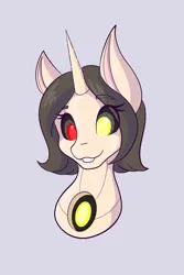 Size: 1365x2048 | Tagged: safe, artist:mscolorsplash, derpibooru import, oc, unofficial characters only, pony, robot, robot pony, unicorn, black sclera, colored pupils, eye clipping through hair, eyebrows, eyebrows visible through hair, female, gray background, grin, gynoid, heterochromia, image, jpeg, looking at you, mare, shading, short hair, simple background, smiling, smiling at you, solo