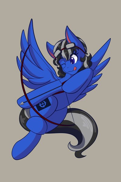 Size: 1365x2048 | Tagged: safe, artist:mscolorsplash, derpibooru import, oc, unofficial characters only, pegasus, pony, archery, arrow, bow (weapon), bow and arrow, female, flying, glasses, glasses on head, gray background, image, jpeg, licking, licking lips, magnetic hooves, mare, shading, simple background, solo, spread wings, tongue out, weapon, wings