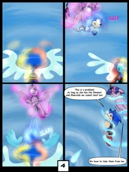 Size: 6000x8000 | Tagged: safe, artist:chedx, derpibooru import, twilight sparkle, twilight sparkle (alicorn), alicorn, comic:learning with pibby glitch battles, comic, commission, community related, corrupted, crossover, dialogue, error, fight, glitch, glow, glowing eyes, image, lapis lazuli (steven universe), magic, multiverse, onomatopoeia, png, sonic the hedgehog, sonic the hedgehog (series), sound effects, speech bubble, steven universe, water