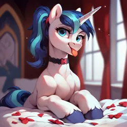 Size: 2048x2048 | Tagged: suggestive, ai content, derpibooru import, machine learning generated, prompter:enterusxrname, stable diffusion, shining armor, pony, unicorn, bed, castle, choker, g4, generator:pony diffusion v6 xl, generator:purplesmart.ai, gleaming shield, image, indoors, jpeg, laying on bed, looking at you, lying down, on bed, ponytail, rule 63, solo, tongue out
