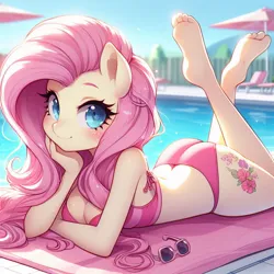 Size: 1024x1024 | Tagged: prompter needed, source needed, safe, ai content, derpibooru import, machine learning generated, fluttershy, anthro, pegasus, 4 toes, adorasexy, ass, bikini, blushing, breasts, butt, cleavage, clothes, cute, feet, flutterbutt, g4, generator:bing image creator, generator:dall-e 3, hand on head, image, jpeg, legs in air, looking at you, lying down, no tail, outdoors, pink bikini, prone, sexy, shyabetes, smiling, smiling at you, solo, stupid sexy fluttershy, sunglasses, swimming pool, swimsuit, toes, towel, wingless, wingless anthro, wrong cutie mark