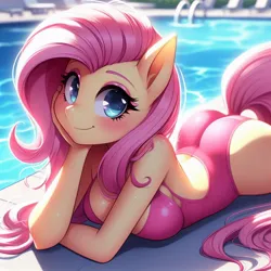Size: 1024x1024 | Tagged: prompter needed, source needed, safe, ai content, derpibooru import, machine learning generated, fluttershy, anthro, pegasus, adorasexy, ass, blushing, breasts, busty fluttershy, butt, cleavage, clothes, cute, flutterbutt, g4, generator:bing image creator, generator:dall-e 3, hand on head, image, jpeg, looking at you, lying down, missing cutie mark, one-piece swimsuit, outdoors, pink swimsuit, prone, sexy, shyabetes, smiling, smiling at you, solo, stupid sexy fluttershy, swimming pool, swimsuit, tail, wingless, wingless anthro